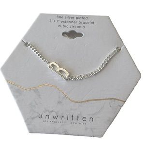 Unwritten Cubic Zirconia Initial Link Bracelet Fine Silver Plated "B" 7+1 Exten